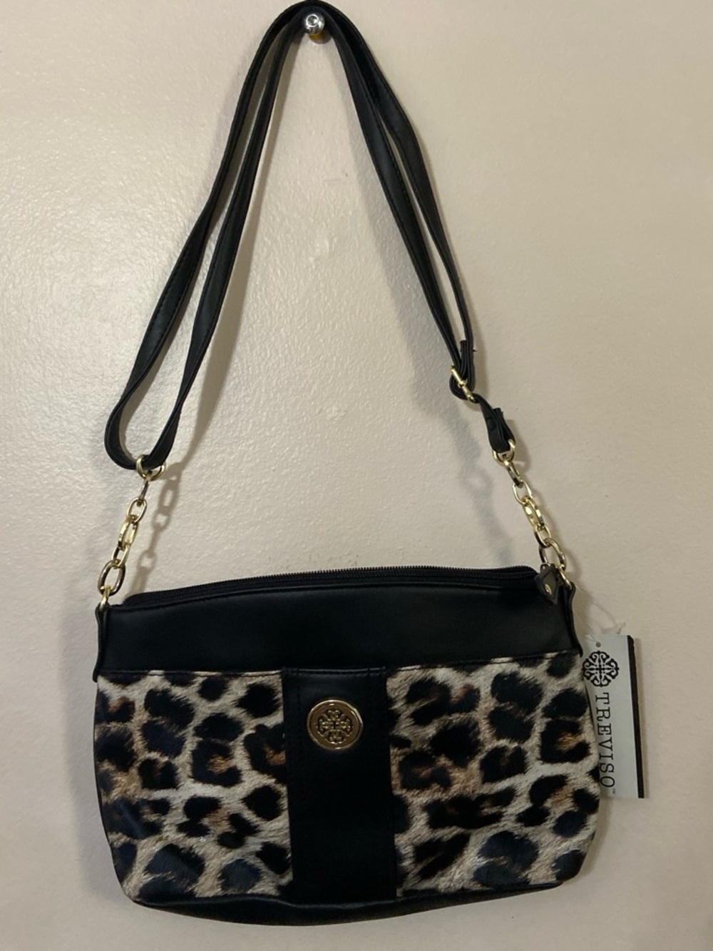 Treviso Leopard Print Crossbody Bag in Black and Brown with Gold Accents
